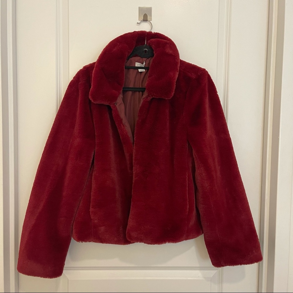 J Crew Factory Faux-Fur Cropped Jacket in Burgundy